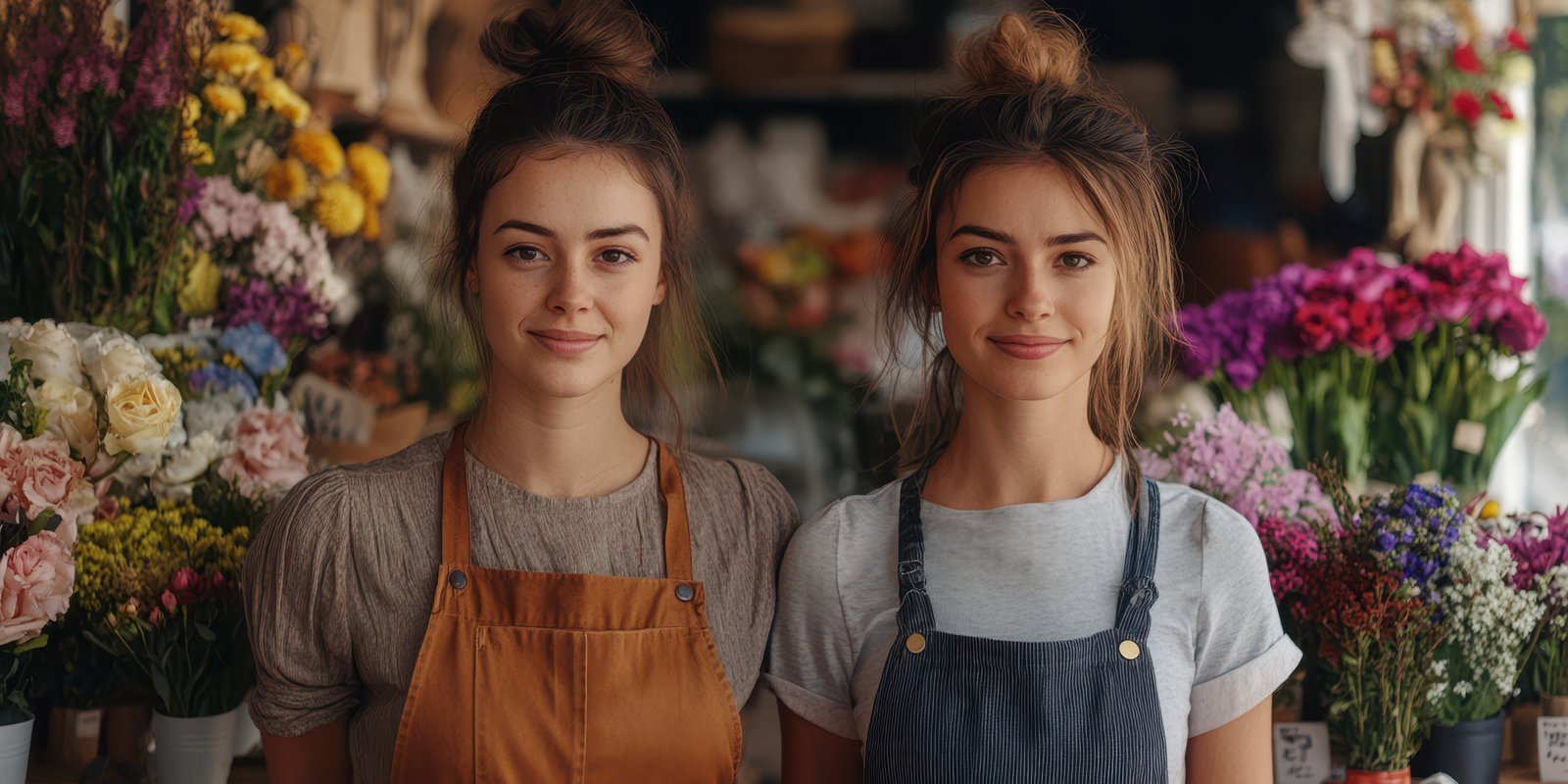 Two women stand in a flower shop surrounded by colorful bouquets in a vibrant market setting during daylight